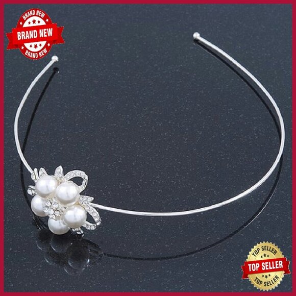 Rhodium Plated Faux Pearl Crystal Flower Tiara Headband 40mm